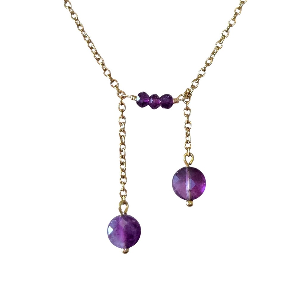 Amethyst & 22K Gold Plated Lariat Style Necklace, Handmade, Fairy, Boho Whimsy - Picture 2 of 4